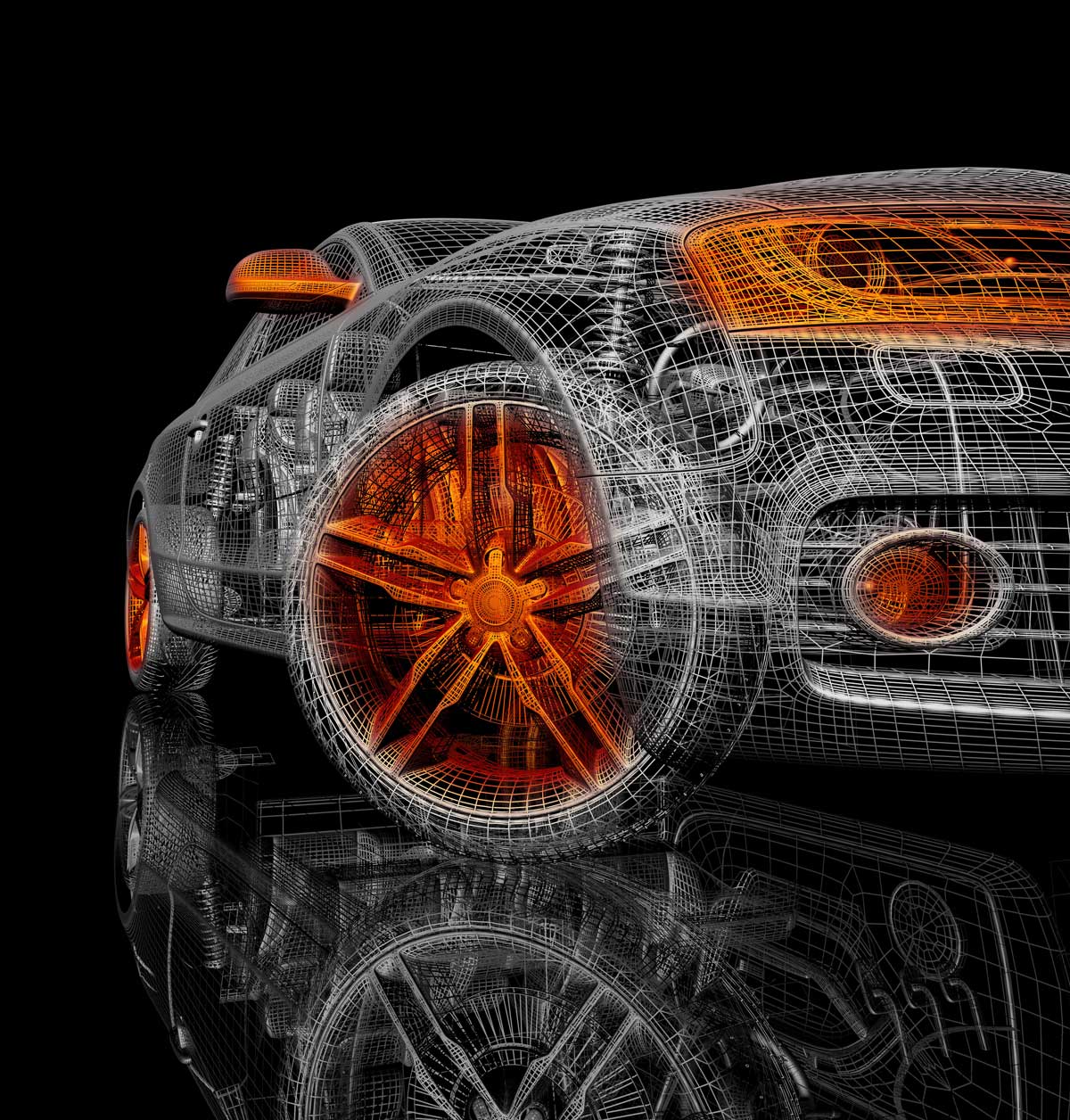 Technische Fahrzeugskizze in Orange und Weiß auf schwarzem Hintergrund